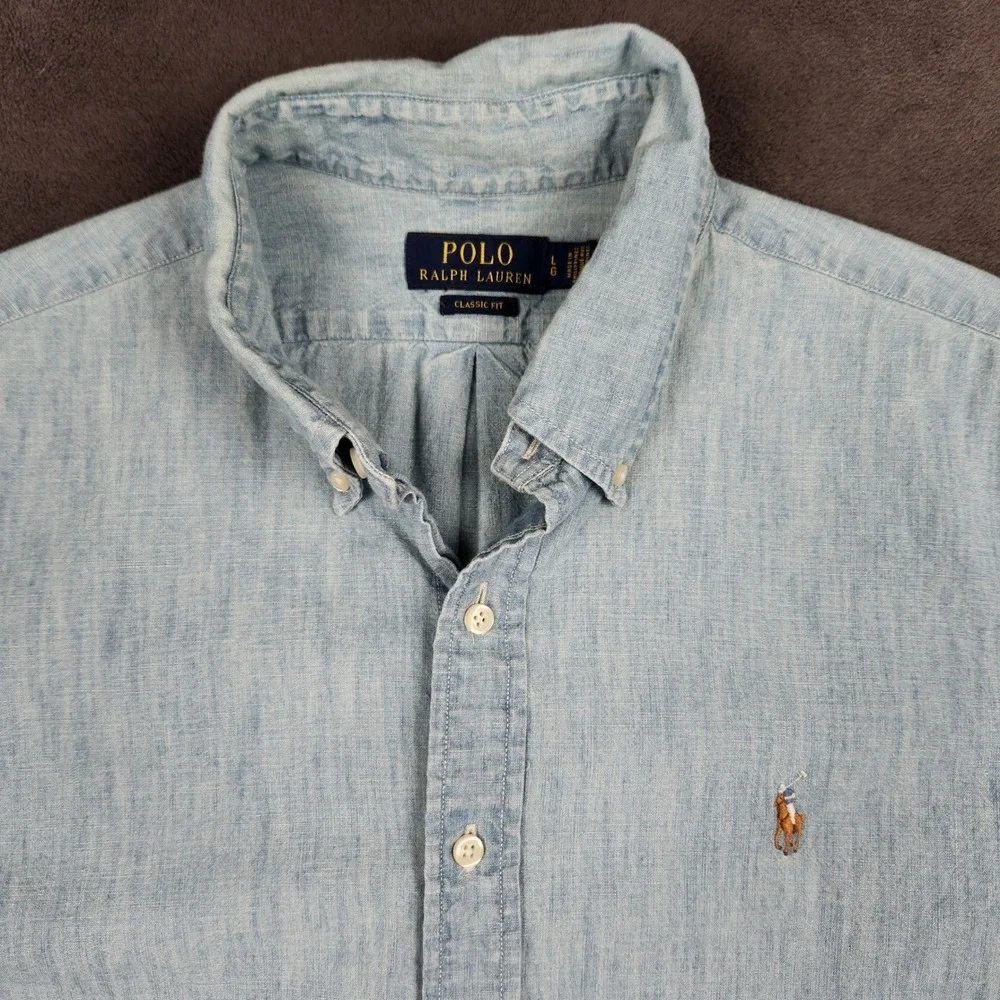 Polo Ralph Lauren Chambray Shirt Mens Large Light Blue Short Sleeve Button Up